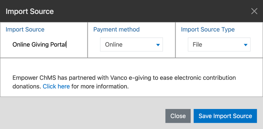 The Import Source window filled in: Online Giving Portal, payment method Online, import source type File
