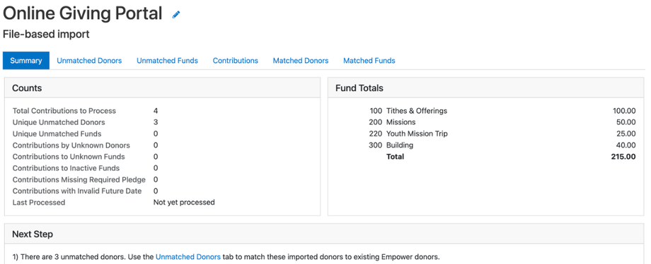 The import Summary tab with counts, fund totals, and the Next Step note saying there are 3 unmatched donors