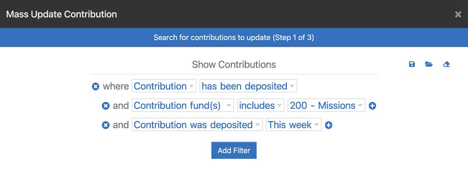 Step 1 of Mass Update Contribution, filtered to deposited contributions to 200 Missions deposited this week