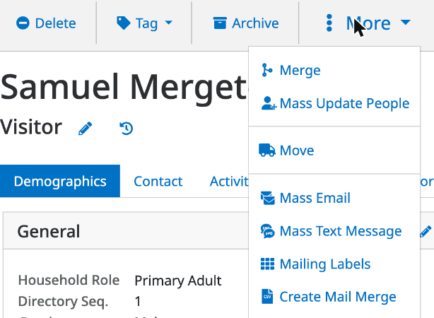 The More menu on a person's record, with Merge at the top