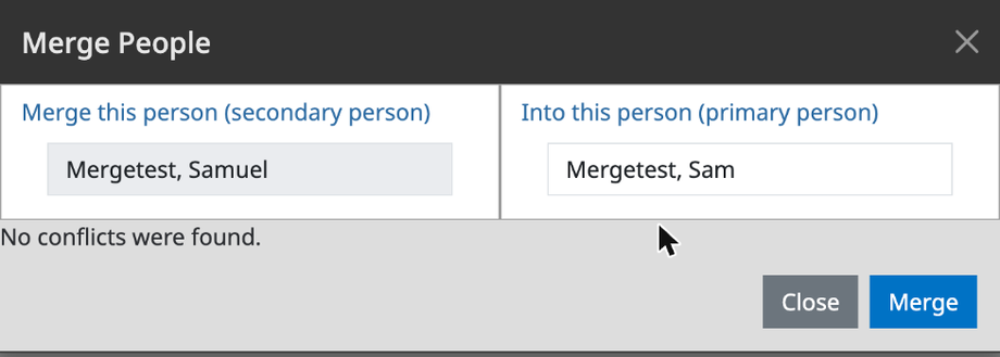 The Merge People window with Samuel as the secondary person, Sam as the primary person, and the message No conflicts were found