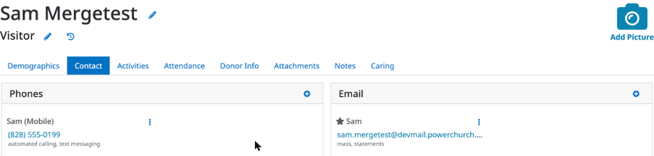 Sam Mergetest's Contact tab after the merge, showing the mobile phone from the merged record and Sam's original email