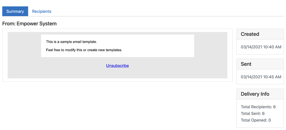 The Summary tab for a sent email, with created and sent dates and delivery information