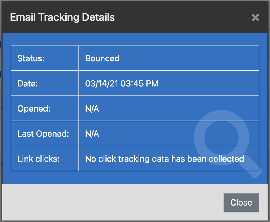 The Email Tracking Details window showing status, date, opened, last opened, and link clicks