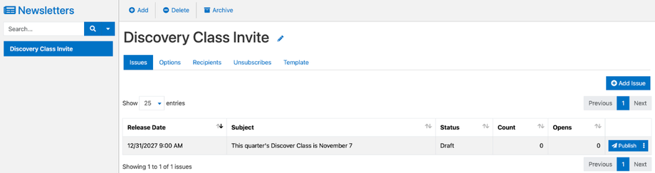 The Newsletters page with a newsletter selected, its tabs (Issues, Options, Recipients, Unsubscribes, Template), and a draft issue