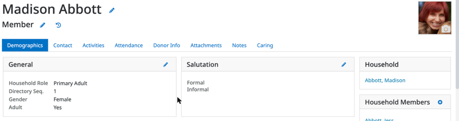 A person record on the Demographics tab, showing the profile tabs and the General, Salutation, and Household boxes