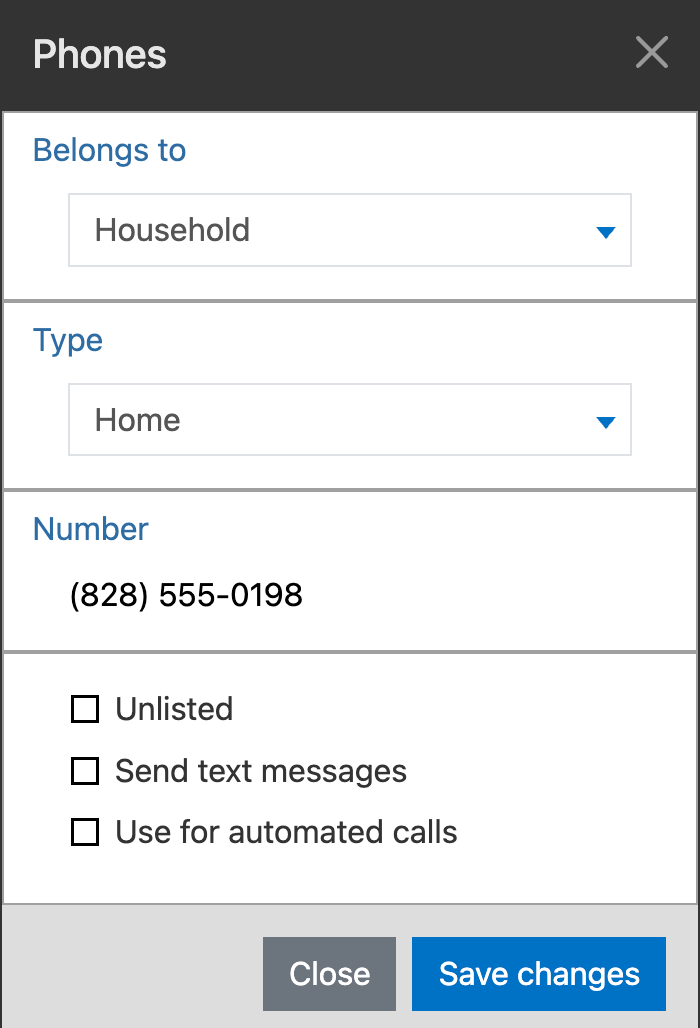 The Phones editor that opens after Accept and edit, with the member's new number filled in and Unlisted, Send text messages, and Use for automated calls options