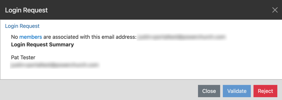 A Login Request for someone not yet in Empower: the message says no members match the email, and Validate is unavailable