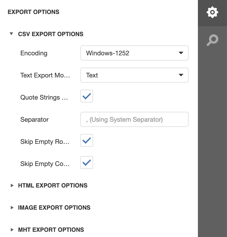 The Export Options panel with CSV export settings and other export formats
