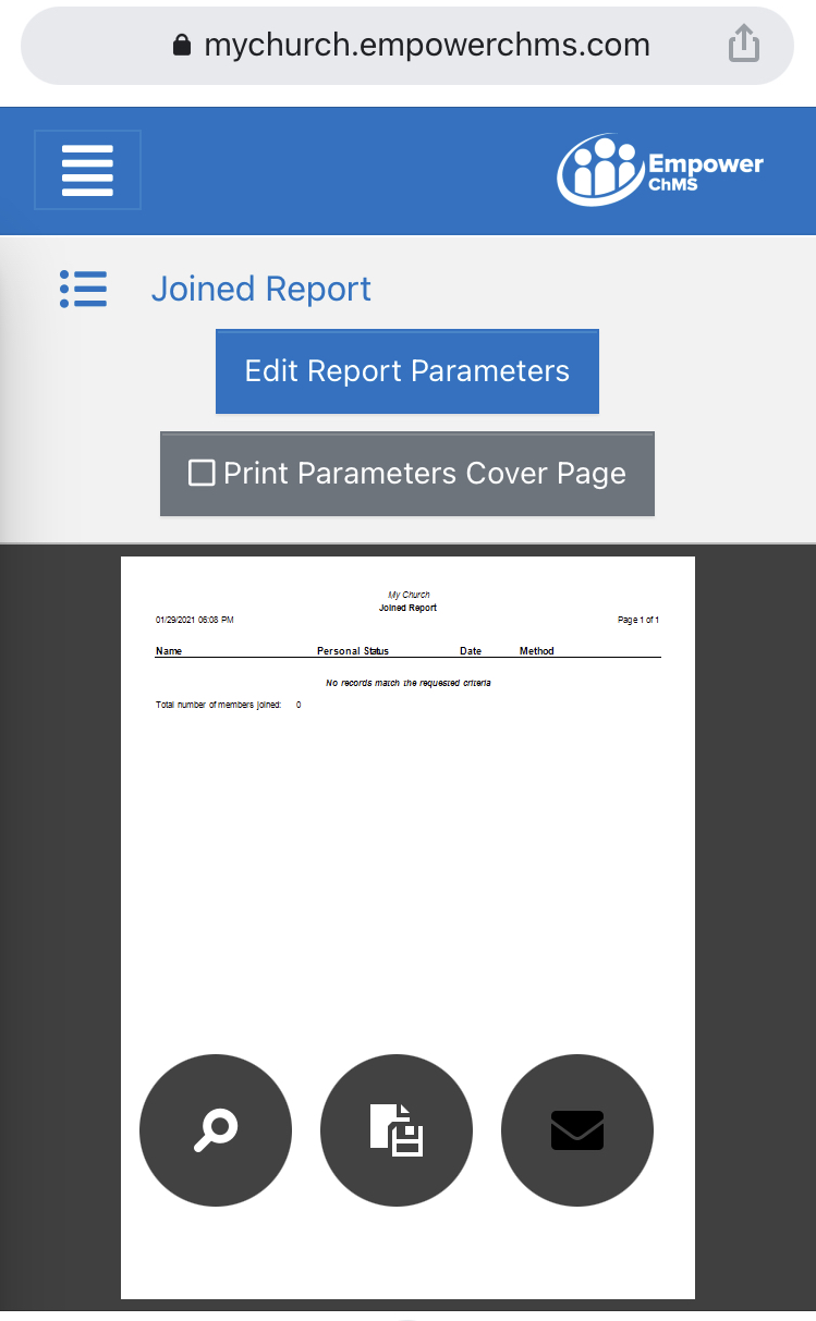 A report shown on a phone, with search, export, and email buttons