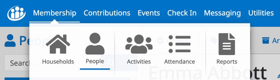 The Membership menu open, showing Households, People, Activities, Attendance, and Reports