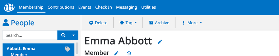 The People page, with the search box and the Delete, Tag, Archive, and More buttons