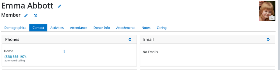 A person record showing the Demographics, Contact, Activities, Attendance, Donor Info, Attachments, Notes, and Caring tabs