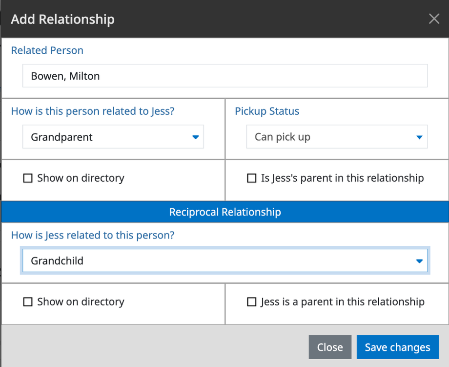 The Add Relationship window: Milton Bowen is Jess's Grandparent and can pick up, and Jess is Milton's Grandchild