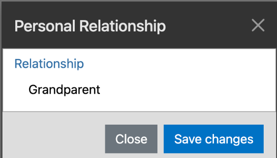 The Personal Relationship window with Grandparent typed in