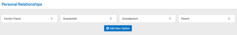 The Personal Relationships options page with Family Friend, Grandchild, Grandparent, and Parent