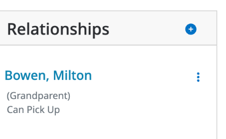 The Relationships box showing Milton Bowen as Grandparent with Can Pick Up