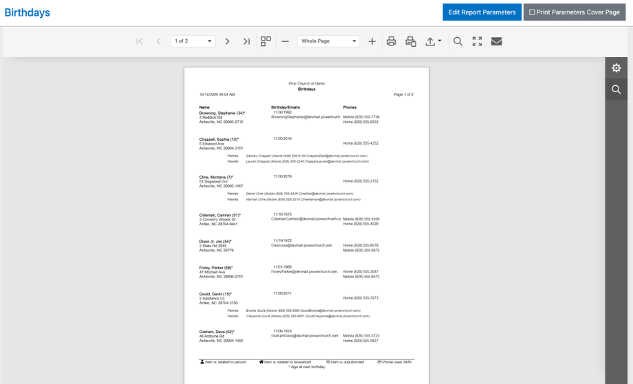 A Birthdays report open in the report viewer, with the toolbar for pages, zoom, print, export, search, and email