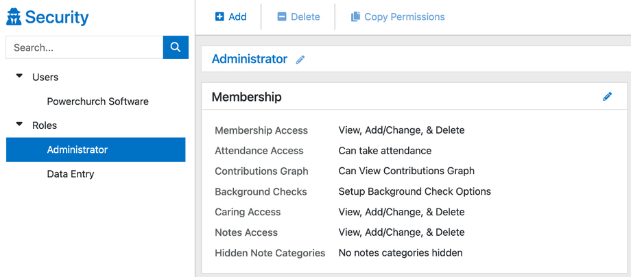 The Administrator role open on the Security page, with the Add, Delete, and Copy Permissions buttons and the role permissions