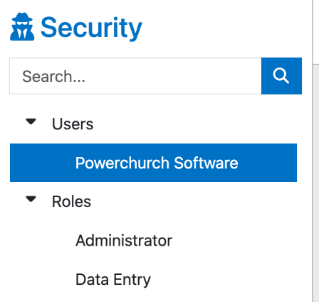 The Security page navigation, with Users and Roles listed on the left