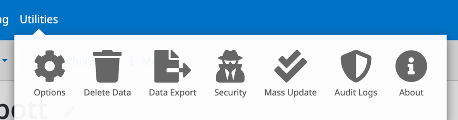 The Utilities menu open, showing Options, Delete Data, Data Export, Security, Mass Update, Audit Logs, and About