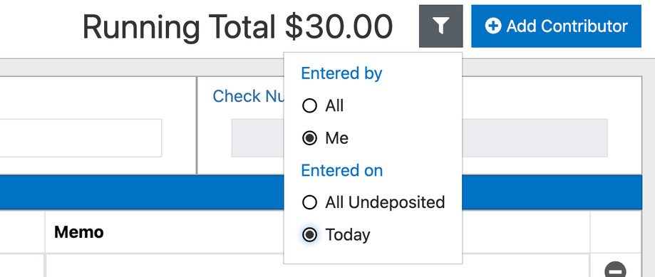 The Running Total filter on Contribution Entry, set to Entered by Me and Entered on Today