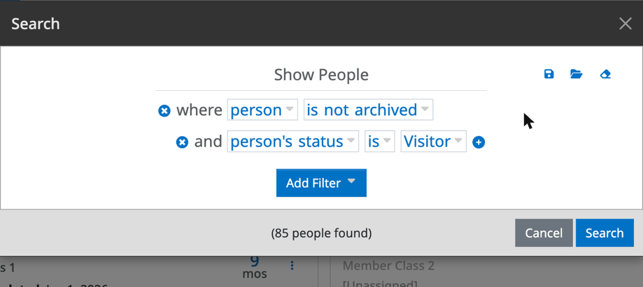 The People search box with a filter for Visitor status, 85 people found, and the save, load, and clear icons at the top right