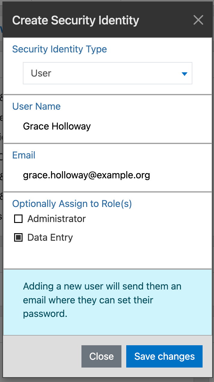 Create Security Identity window with User selected, a user name and email entered, and the Data Entry role checked