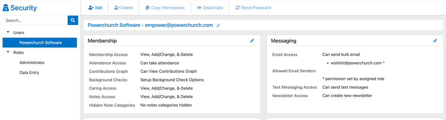 Utilities > Security page listing users and roles, with the Add, Copy Permissions, Deactivate, and Reset Password buttons and the selected user's permissions