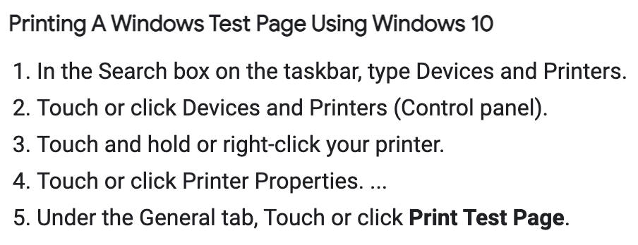 Steps to print a test page in Windows 10