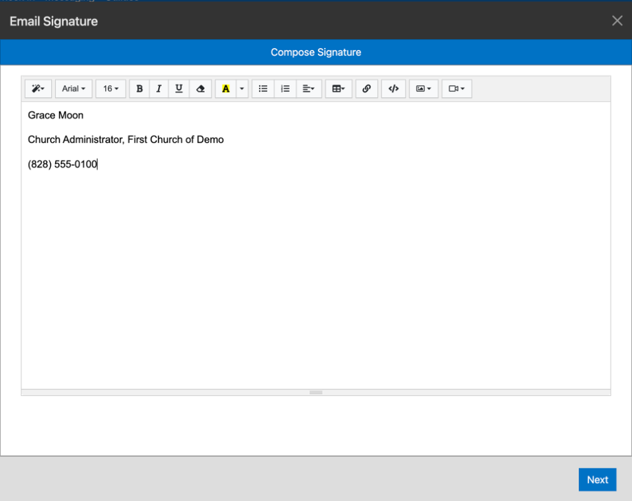 The Compose Signature editor with a name, title, and office phone number, and the Next button