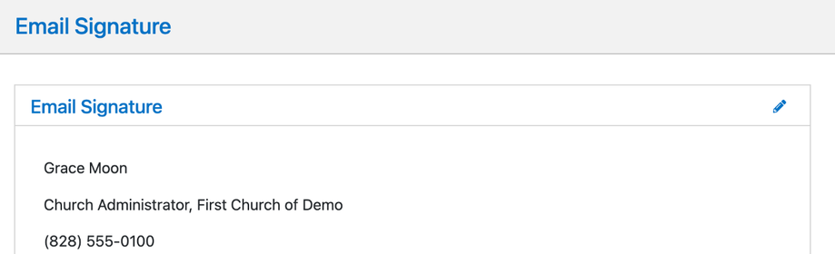 The Email Signature page showing a saved signature, with the pencil icon at the top right