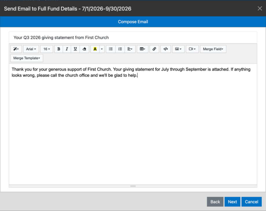 The Compose Email step for a statement batch, with a subject line, formatting toolbar, Merge Field and Merge Template menus, and a short thank-you message