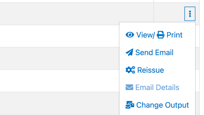 The menu on a donor statement, with View/Print, Send Email, Reissue, Email Details, and Change Output