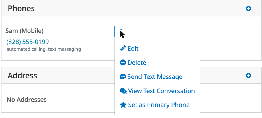 The menu next to a mobile number, with Send Text Message and View Text Conversation
