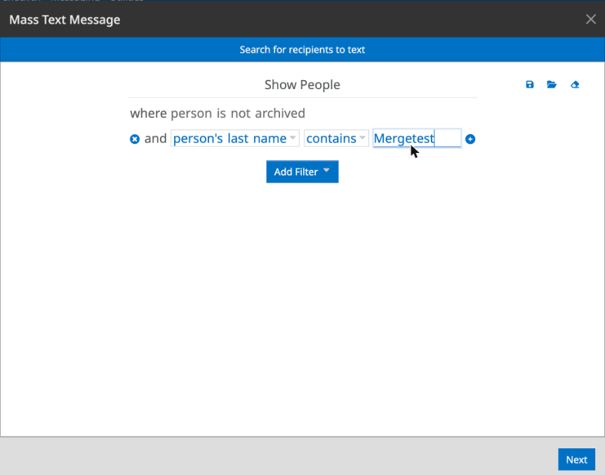 Step 1 of Mass Text Message, Search for recipients to text, with a filter for last name