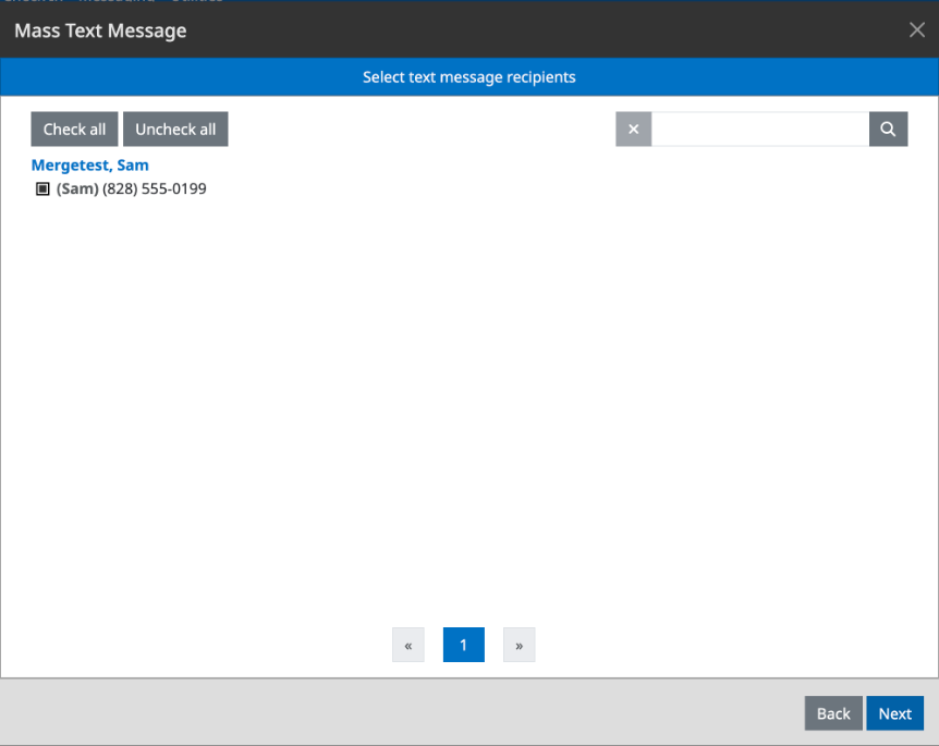 The Select text message recipients step, with Check all and Uncheck all buttons and a checked mobile number