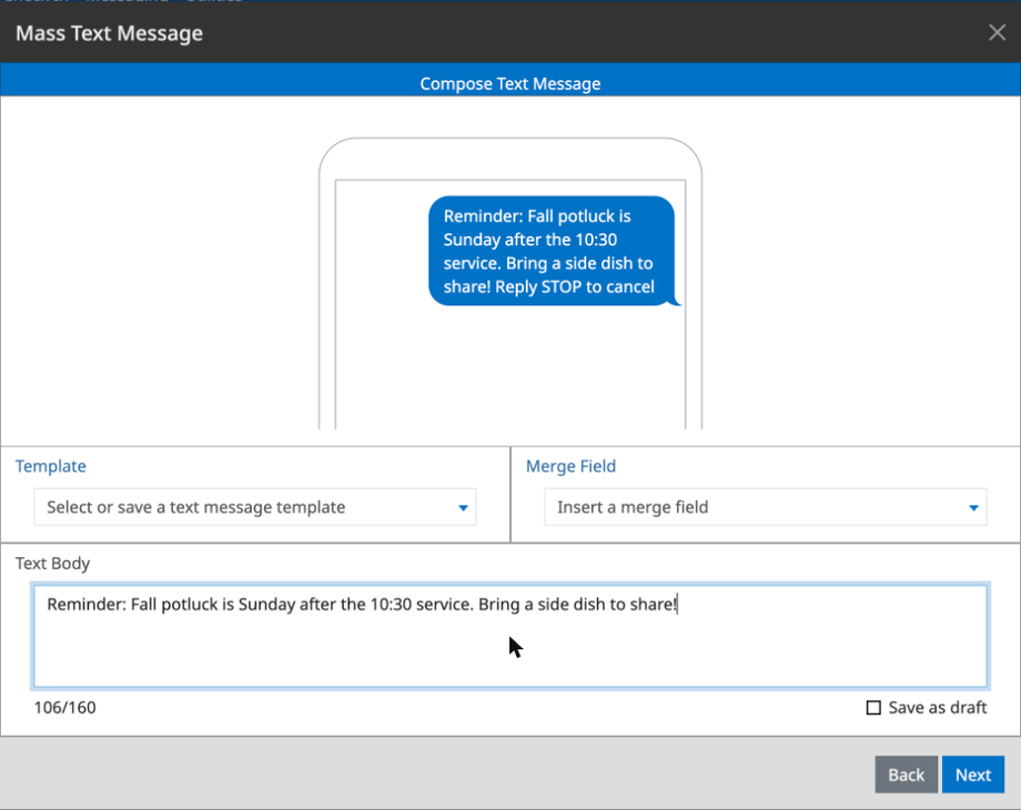 The Compose Text Message step with a phone preview, Template and Merge Field menus, the text body, and the character counter