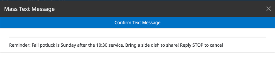 The Confirm Text Message screen showing the full message, ending with Reply STOP to cancel