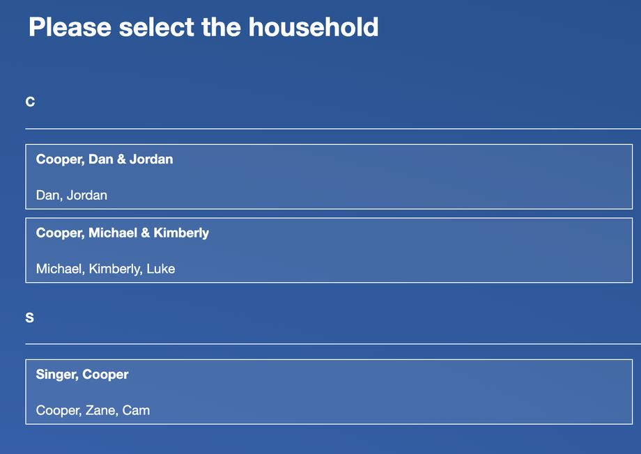 Please select the household, listing the households that match the search