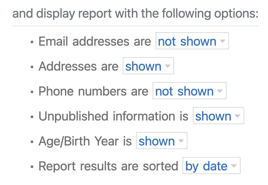 Display options set to hide email and phone, show addresses and age, and sort by date