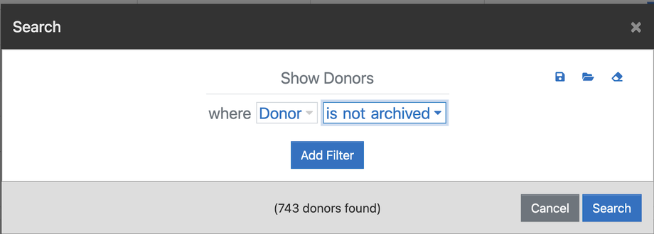 The donor search, filtered to donors who are not archived, with the number of donors found