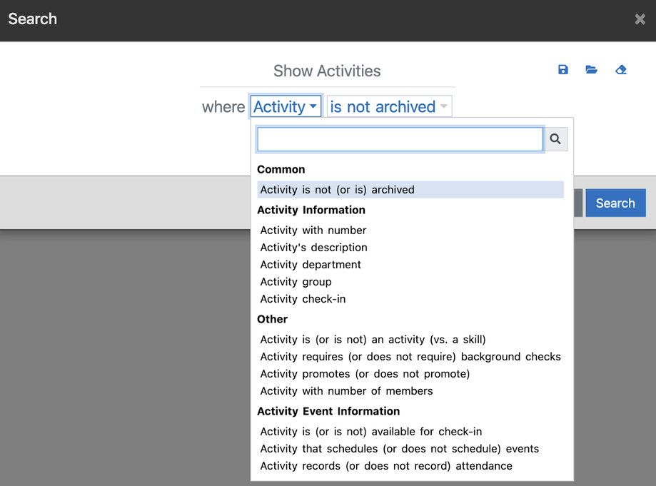 The Add Filter list for activities, grouped into Common, Activity Information, Other, and Activity Event Information