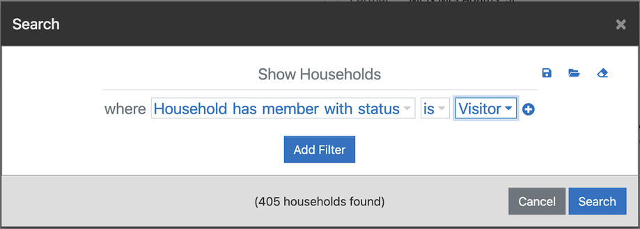 A household search filtered to households with a member whose status is Visitor