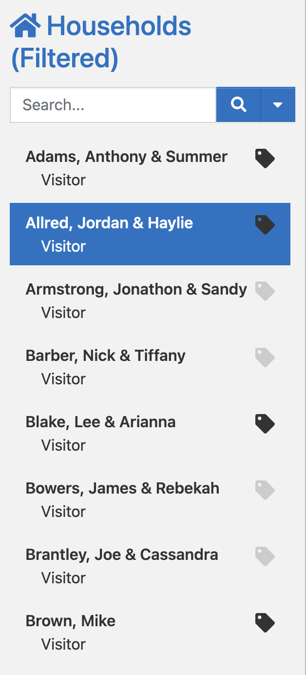 The Households list after filtering, titled Households (Filtered)