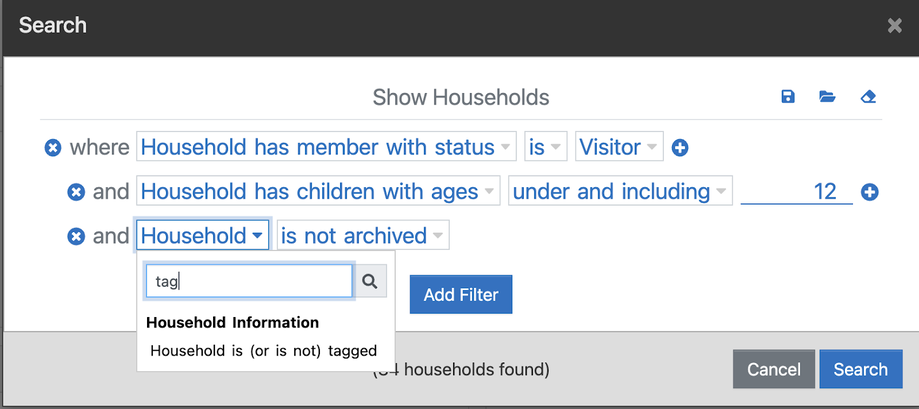 A tag filter being added to the household search