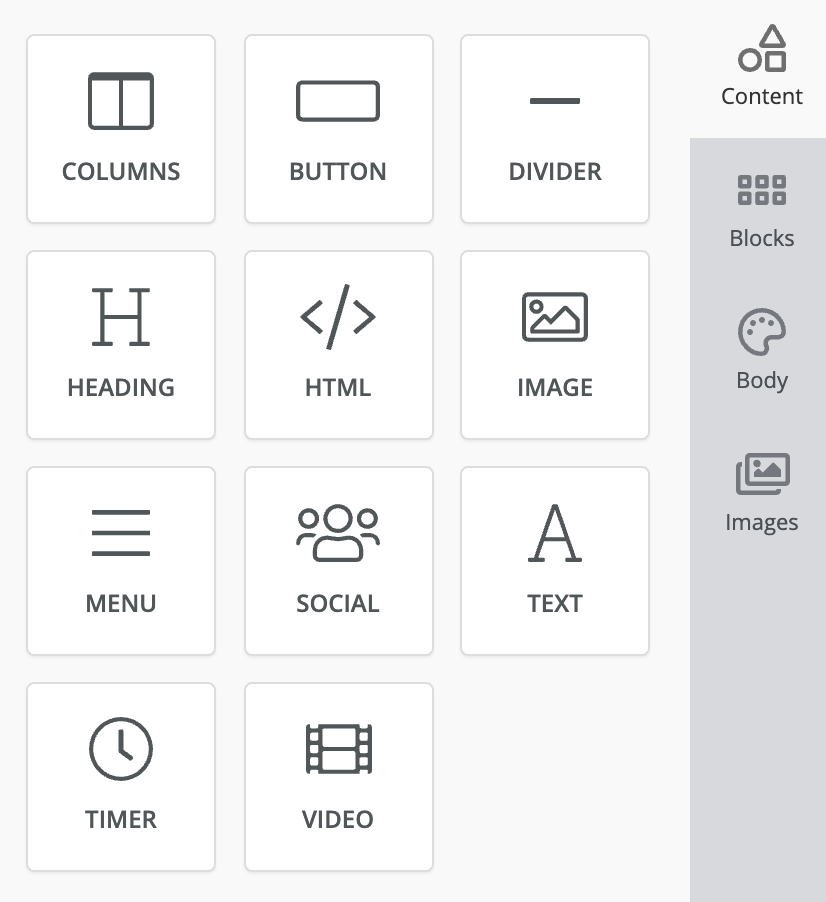 The Content tab with blocks for columns, button, divider, heading, HTML, image, menu, social, text, timer, and video