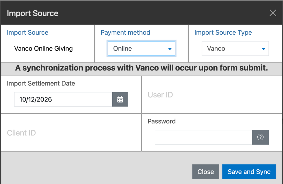 Import Source window in Empower with Vanco Online Giving entered, Online payment method, Vanco import type, and fields for Import Settlement Date, User ID, Client ID, and Password