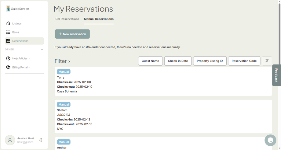 Manual Reservations tab