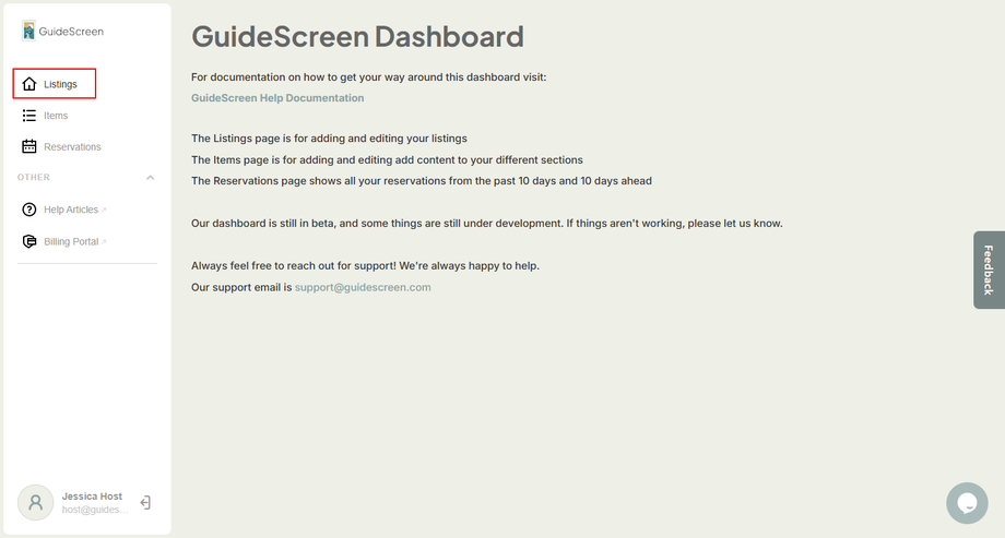Dashboard - Listing Menu Item